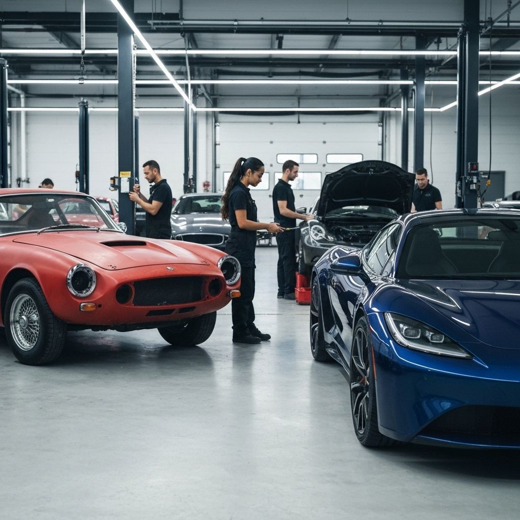 Modern automotive workshop with professional mechanics