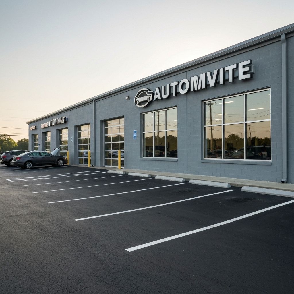 Vroomas automotive shop exterior with professional signage